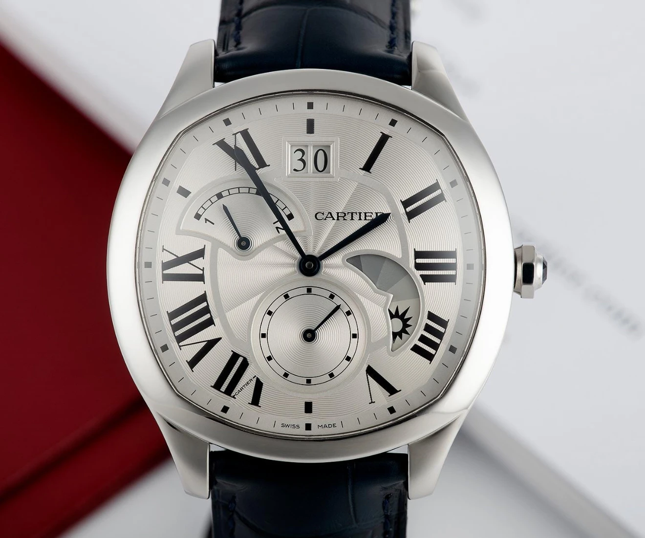 Authentic Cartier Drive with silver dial and Roman numeral indices - Premium Cartier luxury watch buyers Australia