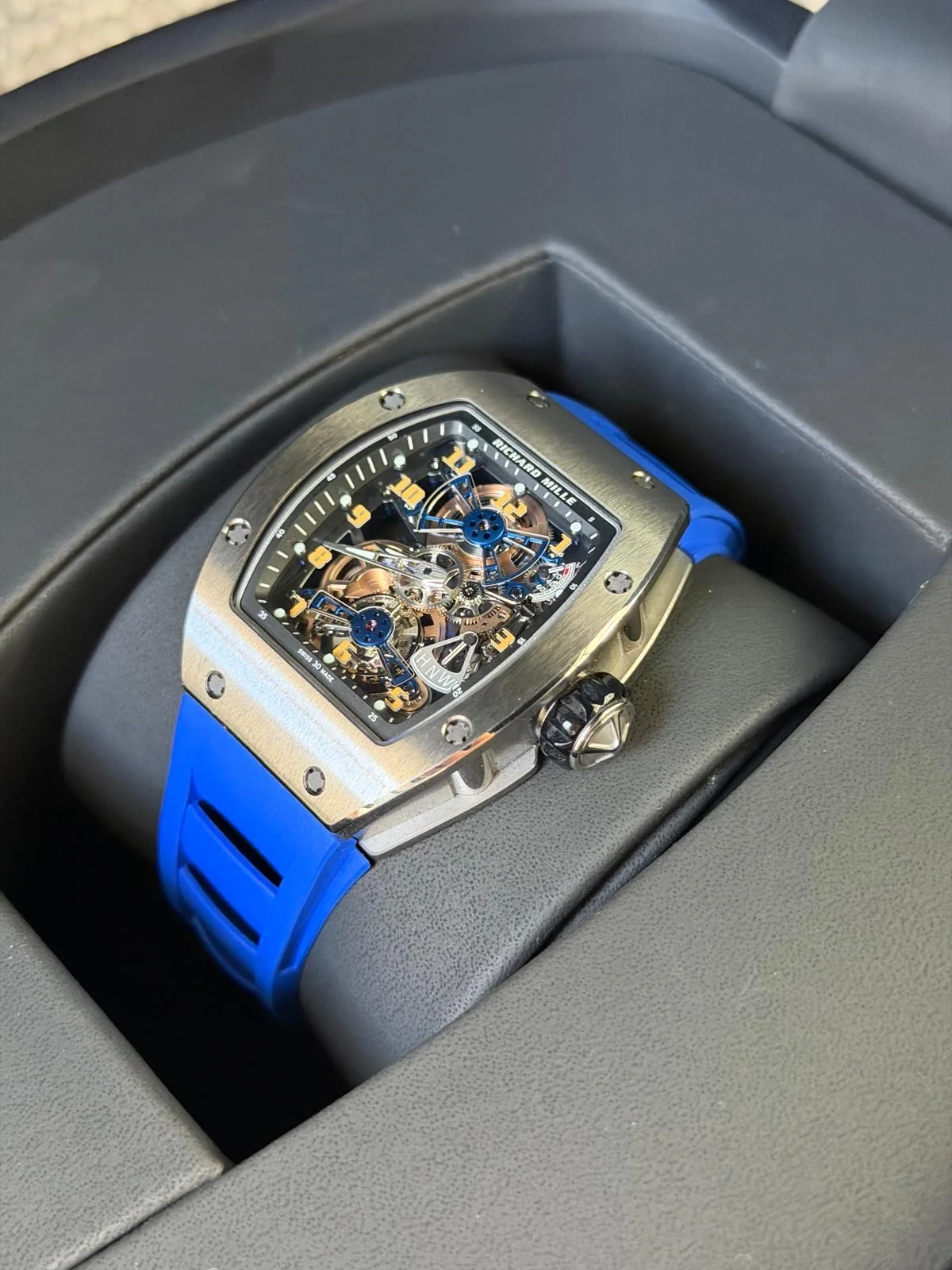Richard Mille tourbillon in titanium on a blue strap - luxury watch buyers Australia